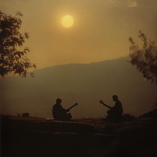 Immerse in ethereal harmony where smooth rock's flowing guitar meets enchanting sitar, forming a serene meditative landscape.