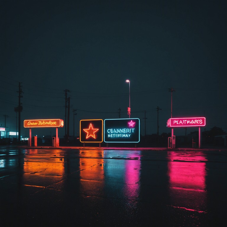 Imagine a futuristic cityscape at midnight, where glowing neon signs cast eerie reflections on rain soaked streets. The air resonates with the ethereal sound of a solo theremin, its haunting timbre weaving through an echoing, synthesized landscape, casting a spell of mystery and introspection over the shadowy urban expanse.