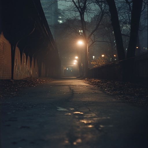 Smooth jazz saxophone fused with dark house beats create a mysterious vibe, reflecting the eerie atmosphere of an urban night alley.