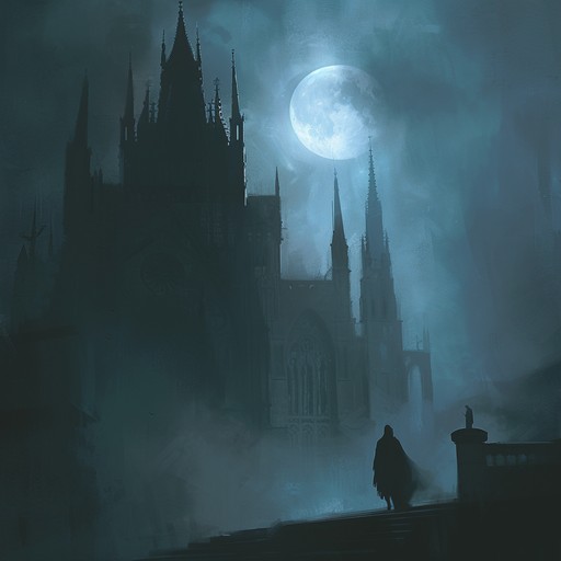 Explore a sophisticated goth soundscape with haunting strings, deep drums, and ethereal choirs, painting a musical picture of a shadowed midnight cathedral, flowing with elegant somber beauty