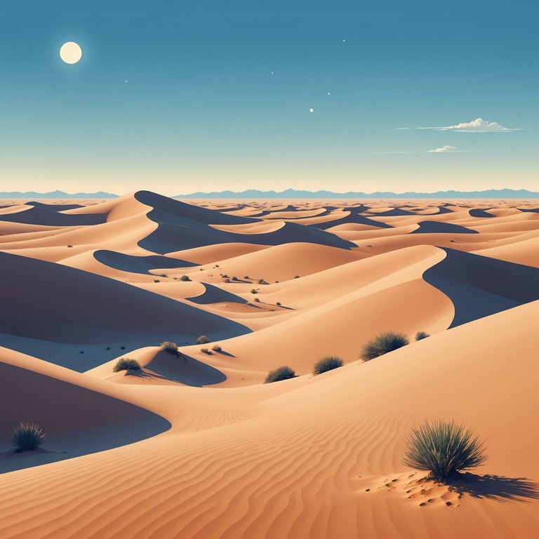 Imagine wandering through an expansive, sunlit desert, the sky a clear blue overhead, with occasional whispers of wind that carry the subtle scent of distant oases. The music is your guide through these vast, peaceful sands, offering a soft, melodic experience that calms the soul and sparks the imagination.