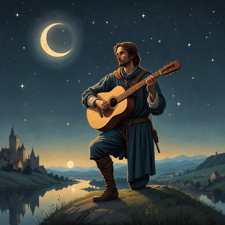 Misty twilight settles as the gentle strings of a lute play softly, evoking the warmth and intimacy of newfound love under the shimmering stars. The composition taps into the essence of traditional troubadours, telling stories of romance and affection through soothing melodies that resonate with the listener's soul.