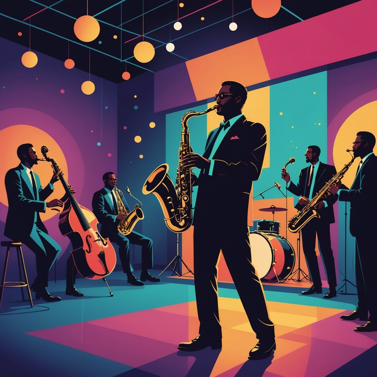 Imagine modern interpretations of classic swing jazz, brimming with vibrant energy and fun. This alternative title captures the spirit of a musical jamboree where the saxophone leads a festival of sounds, embracing the legacy of jazz with a contemporary twist.