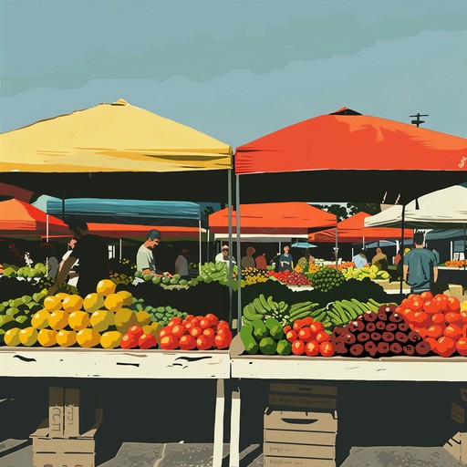 A lively outdoor market bustling with vendors selling fresh fruits, vegetables, baked goods, and artisanal crafts. The atmosphere is vibrant and inviting, with a mix of friendly conversations and enticing aromas filling the air.