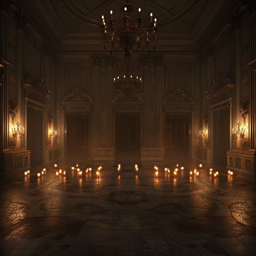 A hauntingly dark baroque composition, blending harpsichord and strings, invoking the eerie ambiance of a shadowed rococo ballroom filled with anxiety and foreboding. The intricate musical phrases weave a tapestry of tension and nervous anticipation, creating a rich soundscape that both mesmerizes and unsettles the listener.