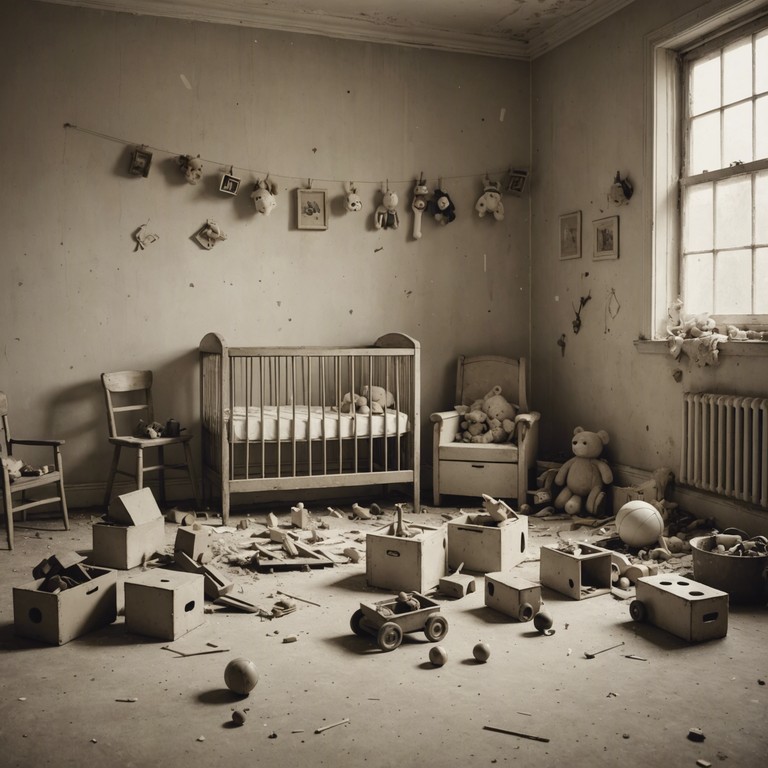An atmospheric track that embodies the eerie stillness of a long abandoned nursery, where the echoes of ancient lullabies linger in the air like ghostly whispers. The composition merges delicate melodies with unsettling harmonic layers to evoke the image of forgotten toys and fading childhood memories.