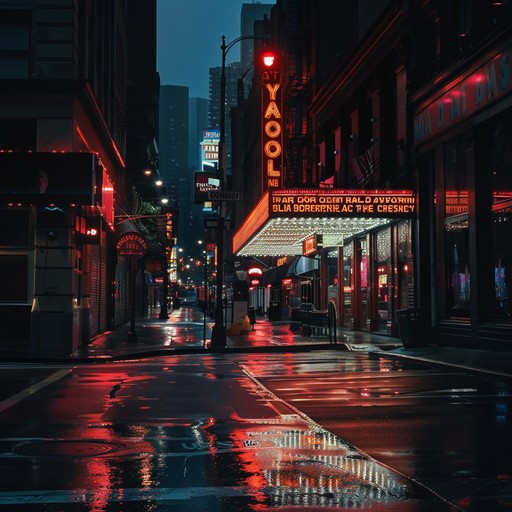 Imagine a serene walk through a quiet theater district; bright marquees illuminate softly, casting golden glows on wet pavements. The subtle piano melodies under gentle orchestration offer a serene backdrop that carries you through nostalgic reflections of captivating performances and dreamlike dances in an almost empty street.