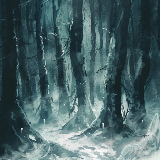 Traverse a forest filled with twisted pines and shadowy figures, guided by a somber violin playing haunting folk melodies. The air is thick with mystery, as spectral beings make their presence known with every eerie note.