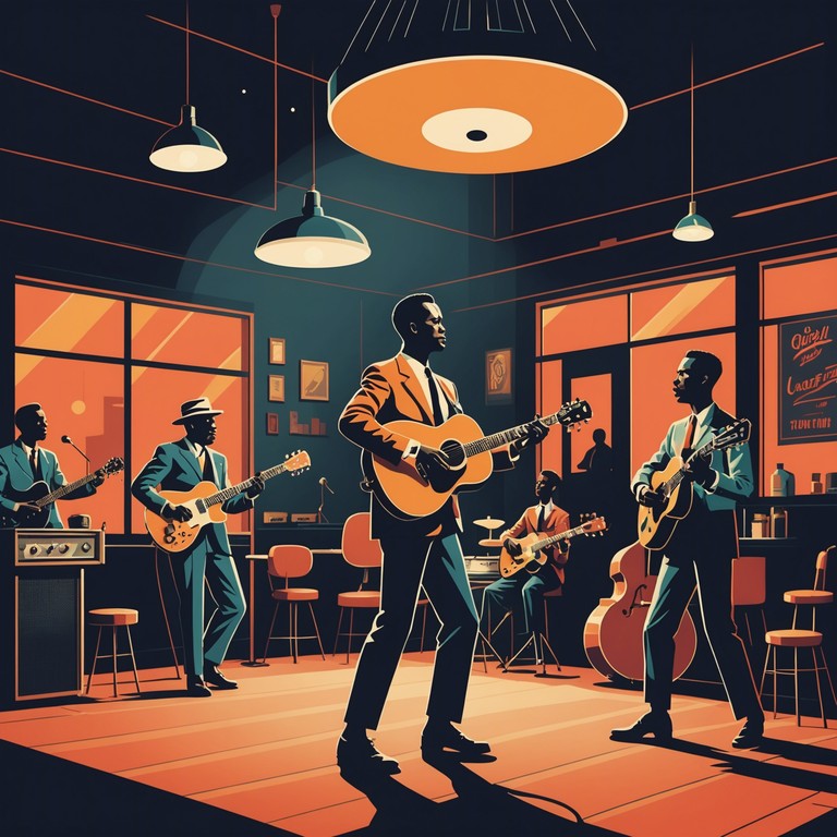 Transport yourself to a lively 1950s blues club where the electric guitar reigns supreme, compelling everyone to hit the dance floor with joyful abandon.