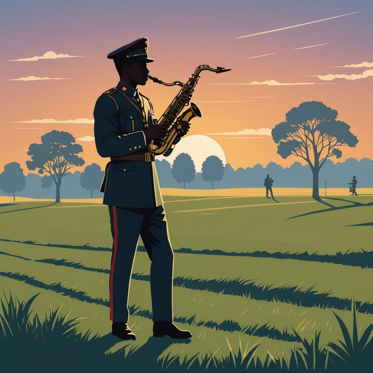 Delivering a musical exploration that juxtaposes the power and discipline of military rhythms with melodious saxophone whispers, portraying a soldier's internal battle and passionate resolve.