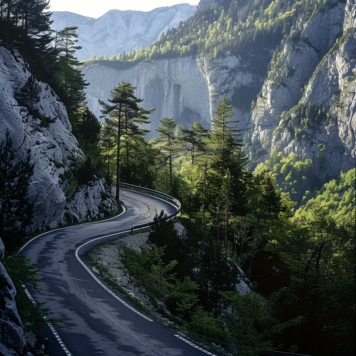 An exhilarating musical journey that captures the excitement and wonder of navigating a winding mountain road, surrounded by breathtaking vistas of majestic peaks and lush valleys. The composition evokes the sense of freedom, adventure, and the rush of adrenaline as the listener embarks on a thrilling ride through the heart of the mountains.