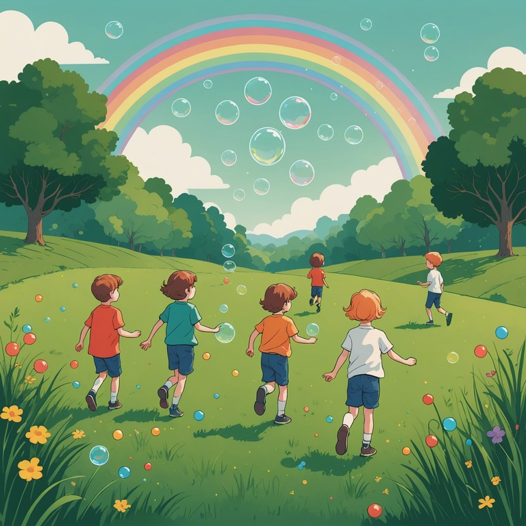 Imagine a scene of children chasing iridescent bubbles across a meadow under a rainbow. The music mirrors this joyous activity with its playful melodies and cheerful rhythms.