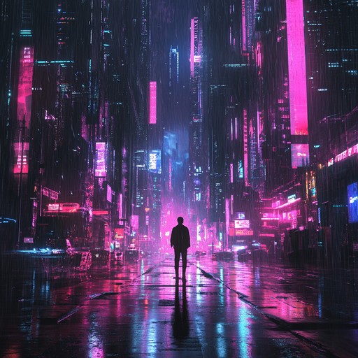 An instrumental track that blends haunting synthesizers and atmospheric soundscapes to evoke a profound sense of longing within a sprawling cyberpunk metropolis illuminated by neon lights. The composition transports listeners to a dystopian future where technology and emotion intertwine amidst the electric glow of the city.