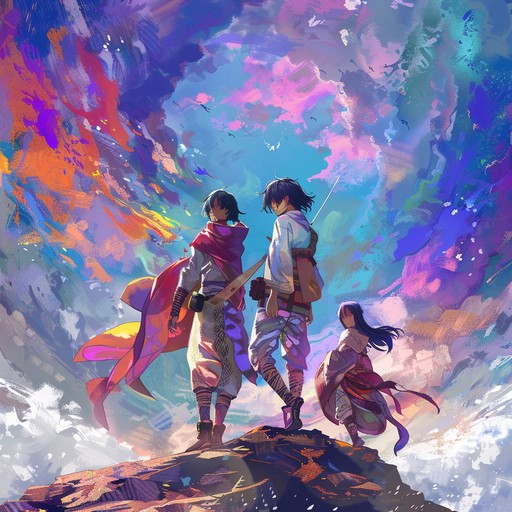 Imagine a thrilling anime world brimming with colorful characters and epic quests. This instrumental track is designed to evoke the high energy and ecstatic atmosphere of such scenes, blending rapid rhythms and bright melodies to create an exhilarating experience.