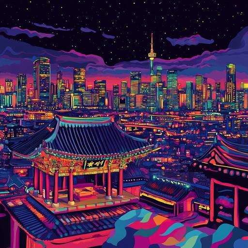 An instrumental k pop track that blends energetic electronic synths with traditional korean gayageum, creating a vibrant fusion that captures modern seoul's nightlife and deep cultural roots.