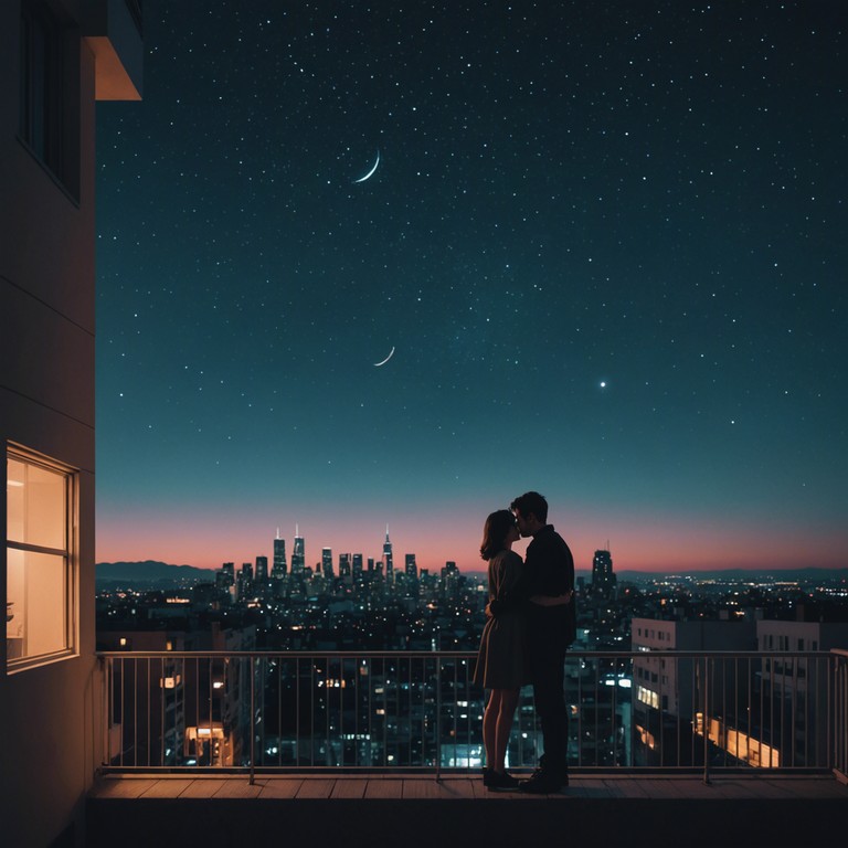 Imagine a couple softly swaying on a balcony under a starry sky, the air filled with a gentle, romantic melody that captures the essence of a perfect evening. The music features the warm, resonant tones of a classical guitar, echoing a sense of intimacy and timeless romance.