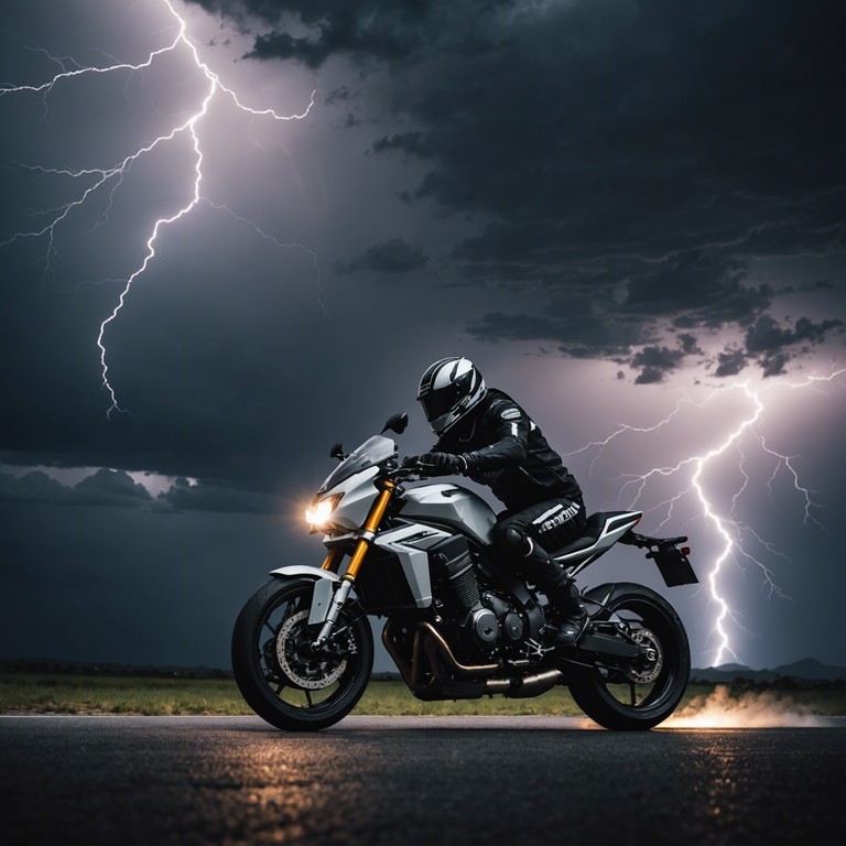 Echoing the untamed spirit of hard rock, this song mixes intense guitar riffs with thunderous percussion to simulate the thrilling rush of a nighttime motorcycle race across wide open highways under stormy skies