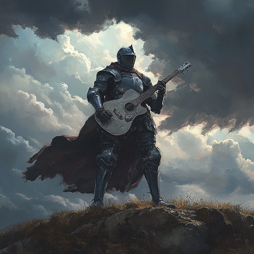 An energizing instrumental heavy metal track blending powerful guitar riffs with majestic medieval inspired melodies, evoking the bravery and valor of knights in battle