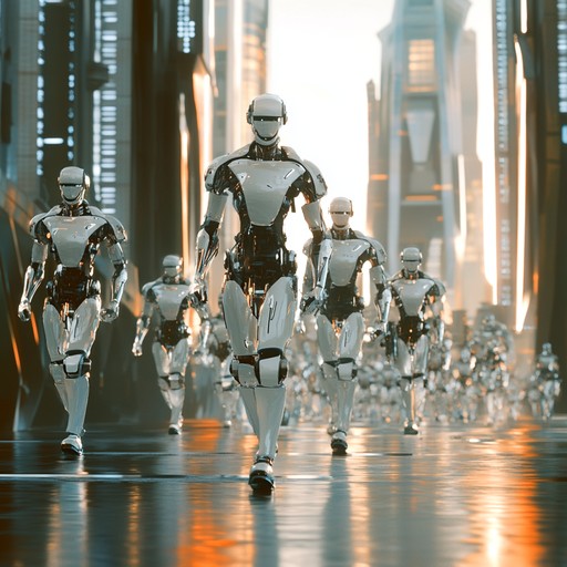 Imagine a powerful army of robots marching through a post apocalyptic cityscape, their steps synchronized and echoing through the desolate streets. The music captures the essence of precision, power, and inevitability, with a blend of orchestral grandeur and military discipline. Confidence and intimidation resonate through the mechanical sounds of the titanic automaton legion.