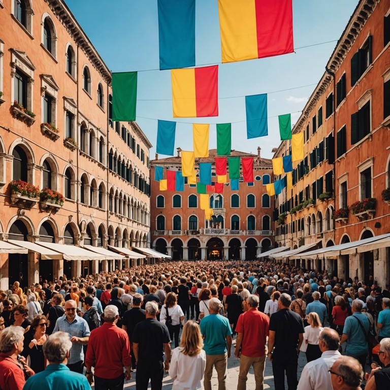 In this unique track, the traditional operatic vocals are masterfully blended with the sounds of a bustling venetian festival, featuring energetic rhythms and enchanting melodies that capture the vibrant spirit of venice. This lively opera piece transports the listener to a sun drenched italian piazza during a festive celebration, where the operatic soprano skillfully intertwines with the dynamic crowd sounds and traditional italian instrumental undercurrents.