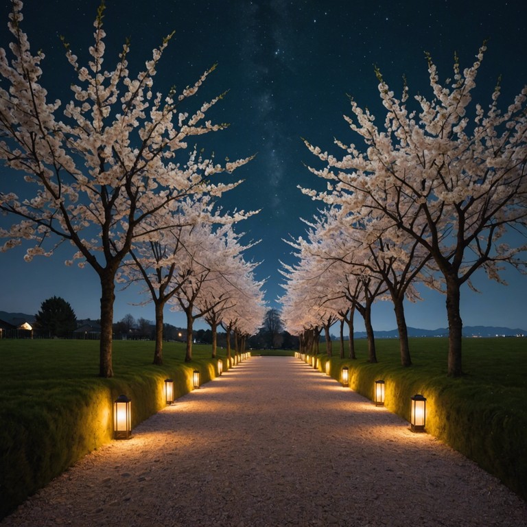 Reimagining a magical late night encounter under blooming cherry blossoms, enhanced by the soft plucks of a shamisen intertwined with the haunting whispers of modern synth pads, inviting a deep, contemplative state of mind.