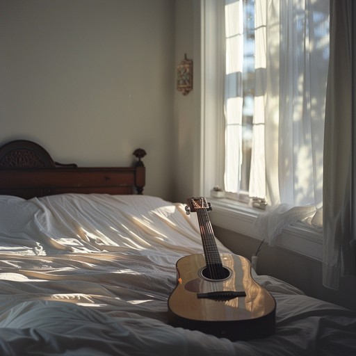 A tranquil bedroom pop track with mellow guitar, soft beats, and lush synths, embodying a leisurely morning with golden sunlight streaming in. Ideal for creating a peaceful, homely ambiance.