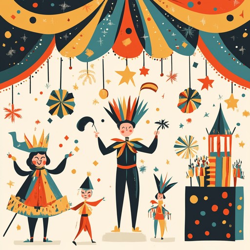 Dive into the spectacle of a carnival with dramatic musical flourishes. Picture a parade of dazzling costumes and joyous figures moving rhythmically, playing delightful and lively tunes that spread cheer and excitement to all spectators.