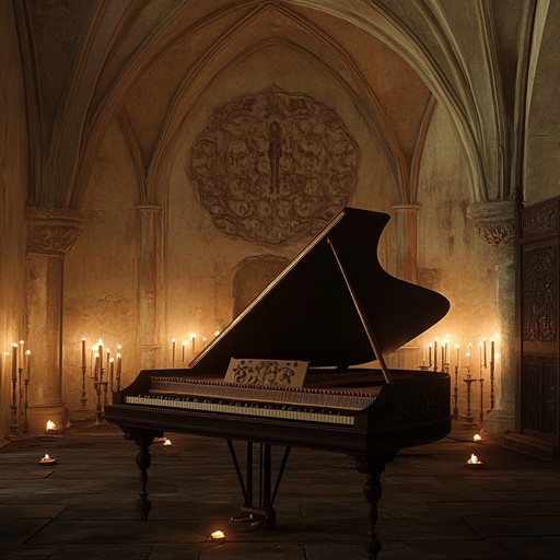 A dark and sorrowful harpsichord driven baroque piece, echoing within the haunting atmosphere of a gothic cathedral. Its intricate melodies create a chilling and timeless tapestry of mystery and sorrow.