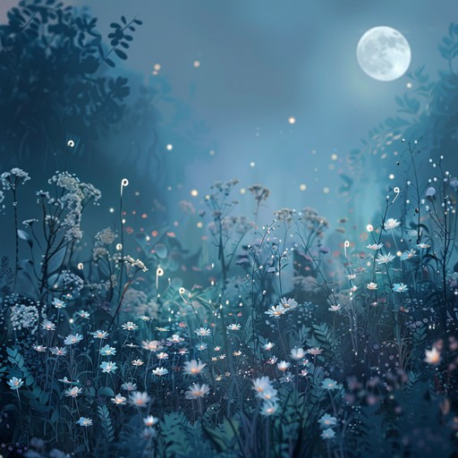 Imagine a moonlit garden where every flower glows softly, and fairy like sprites flit around illuminated petals. The air vibrates with soft, dreamlike melodies from a whimsical instrument, creating a serene, magical atmosphere.