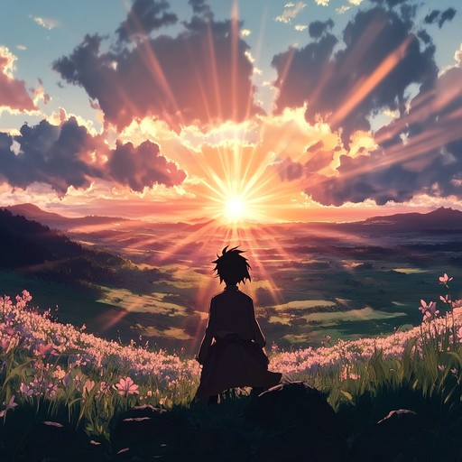 An instrumental piece merging classical orchestration with electronic elements and traditional japanese instruments, reflecting the optimism of new beginnings in an anime narrative