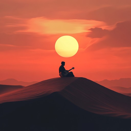 A haunting melody played on the oud evokes the bittersweet feelings of nostalgia and yearning as one crosses the vast desert sands under the fading sun.