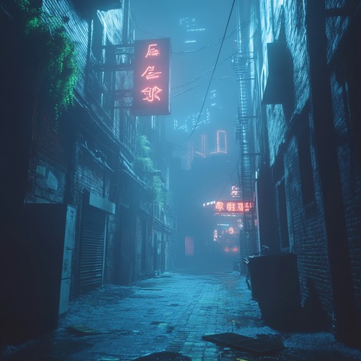 An evocative instrumental blending eerie synth melodies with pulsing electronic rhythms to create a haunting soundscape embodying a dystopian future city draped in neon lights and shadows