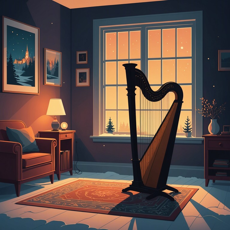 This instrumental track captures the essence of a peaceful winter's night spent beside a crackling fireplace. The melody evokes a sense of warmth and comfort, reminiscent of sipping hot cocoa and watching snow gently fall through the window. Gentle, deliberate plucks of the harp intertwine with the soft whisper of falling snow, creating a serene soundscape perfect for holiday relaxation.