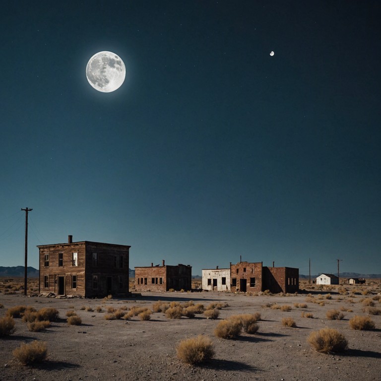 In a deserted western town, under the haunting glow of a full moon, spectral sounds weave through the empty wooden structures, invoking the spirits of long gone outlaws and faceless wanderers. Mysterious and chilling, the soundscape is heavily laden with suspense and whispers of untold stories.