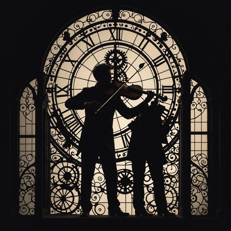 As night envelops an ancient clocktower, a solitary violin cries out in a waltz, its sound embracing the darkness, accompanied by the surreal dance of shadows and the relentless passage of time.