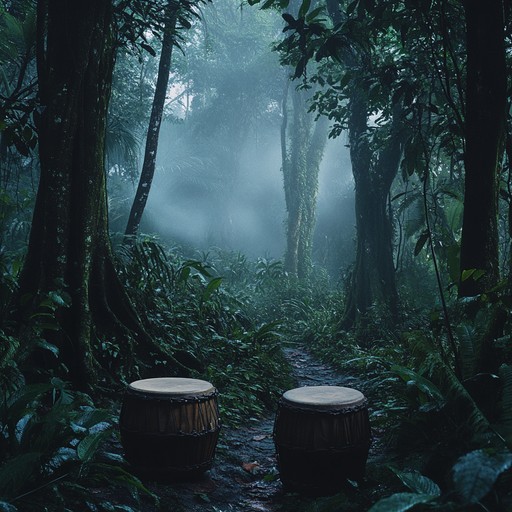 Immerse yourself in a hauntingly enigmatic soundscape where tribal rhythms echo within a dense jungle sanctuary, creating a vivid tapestry of mystery and ancient secrets. Each beat of the tribal drums weaves through the foliage, embodying the spirit of the wild and the unknown. The percussive soundscape transports listeners to a hidden world, blending natural ambient sounds with deep, rhythmic pulses that invoke primal instincts and hidden stories.
