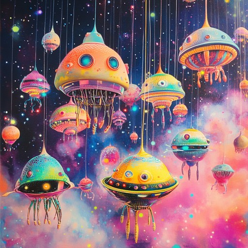 An exuberant instrumental piece that blends alien sounding synths with whimsical melodies to create the atmosphere of a festive parade on mars, full of novelty and excitement. The quirky electronic arrangement and dynamic changes evoke images of extraterrestrial floats and cosmic laughter under otherworldly skies.