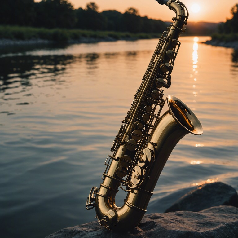 A soft jazz piece evoking the quiet and reflective mood of sitting by a gently flowing river at dusk, with saxophone melodies that envelop you in warmth and tranquility.