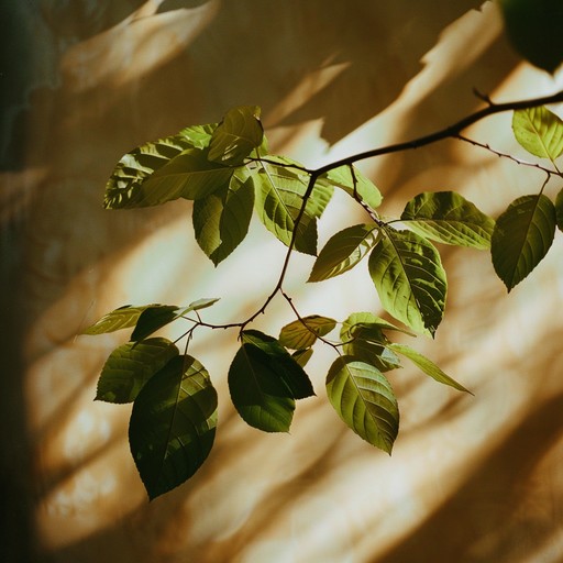 Golden sunbeams filter through the vibrant green canopy, illuminating the gently swaying leaves in a mesmerizing dance. The warm summer breeze carries the soft rustling sounds, creating a soothing natural ambience.