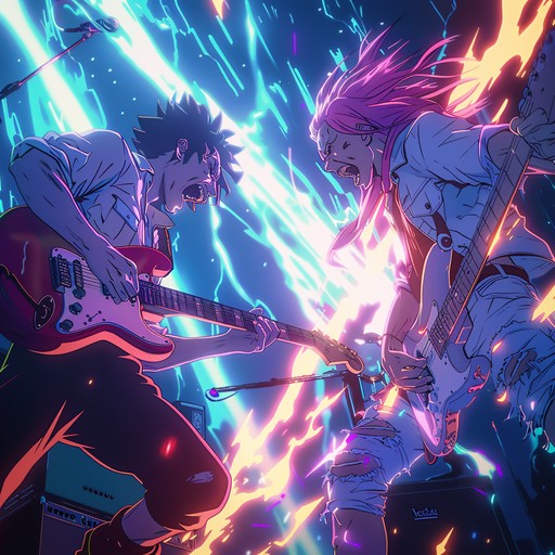 A thrilling high tempo instrumental anime song featuring dynamic electric guitar riffs, synthesized beats, and intense orchestral elements. Designed to energize and inspire, perfect for action packed anime battle scenes or adrenaline pumping moments. Catchy hooks and punchy rhythms guarantee a powerful listening experience.