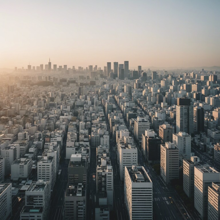 A song embodying the quiet yet powerful essence of a tokyo morning, merging traditional japanese instruments with modern sensibilities to create an ethereal j pop experience. The music guides through a serene yet vibrant atmosphere, reflecting the bustling city quietly waking under the soft hues of dawn.