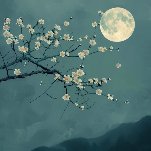 A soft and delicate instrumental piece inspired by tender anime moments, set under the tranquil and serene cherry blossoms at night. The solo acoustic guitar strums convey a heartfelt narrative, blending traditional japanese folk influences with contemporary anime nuances, creating an intimate and soothing ambiance.