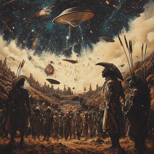 An epic musical journey envisioning ancient aliens discovering and conquering earth, driven by powerful tribal drums leading the charge. The composition fuses traditional tribal rhythms with otherworldly soundscapes to create a bizarre yet grandiose atmosphere where the ancient meets the futuristic.