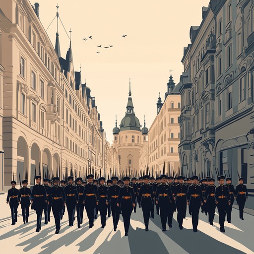 An uplifting military anthem that combines grand orchestral elements with a solemn sense of pride and tradition. Featuring majestic brass fanfares, rhythmic drumming, and rich string melodies, it builds to a celebratory climax, honoring military traditions with elegant and noble orchestration.