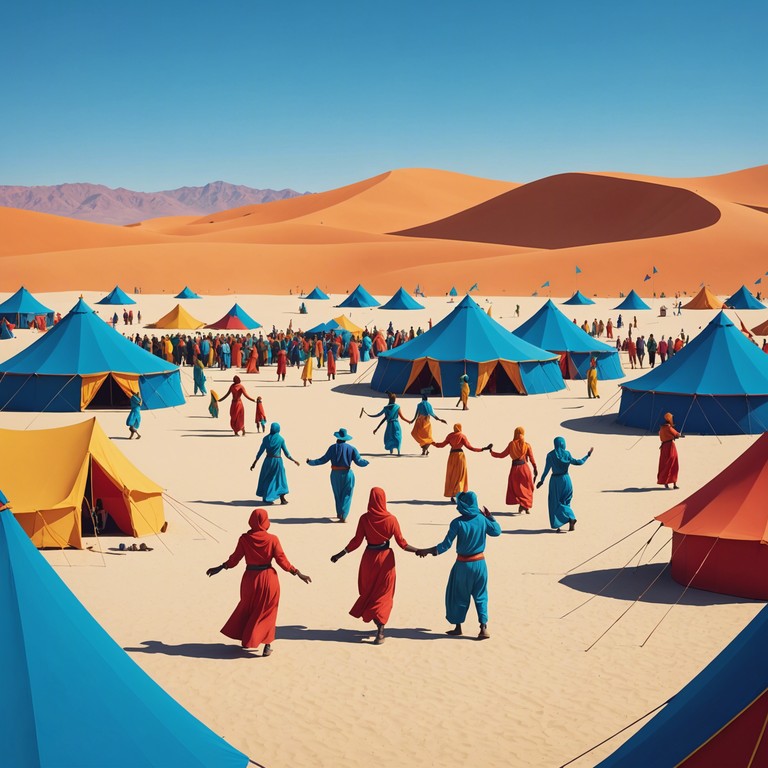 This track embodies the lively essence of a middle eastern festival, characterized by dynamic rhythms and enchanting melodies that reflect the vibrant life in a sun drenched desert landscape. It features pronounced rhythms and melodies that invite joy and communal participation in an imaginary dance under the open sky.