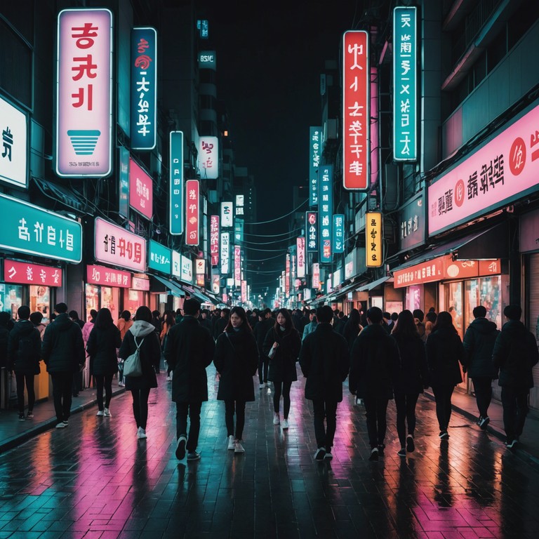 This track evokes a night out in vibrant seoul, where neon lights flicker above and the city's pulse becomes a dance floor rhythm. Primarily driven by dynamic digital sounds, the melody captures the essence of south korea's electrifying nightlife, blending traditional korean instruments with modern electronic beats.