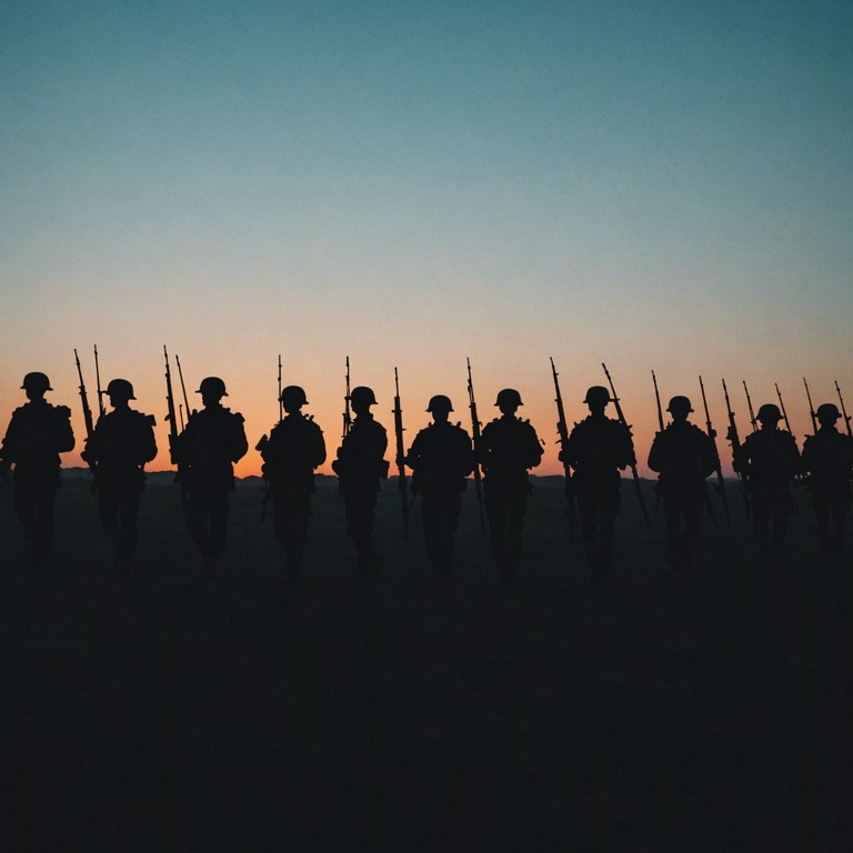 This composition features a deep, resonant military drumline that carries a weight of suspense and impending action, perfect for evoking the serious tones of a battlefield or a strategic military operation. The track builds tension through its rhythmic precision and the dark timbre of drum beats.