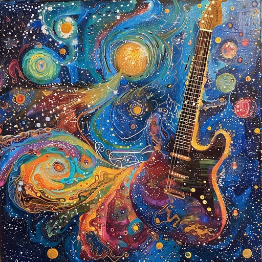 Immerse yourself in an instrumental track filled with vibrant guitar solos, complex rhythms, and lush harmonies, painting an auditory picture of traveling through stellar pathways. This piece is designed to evoke a sense of wonder, joy, and excitement, perfect for fans of lively and uplifting progressive rock.