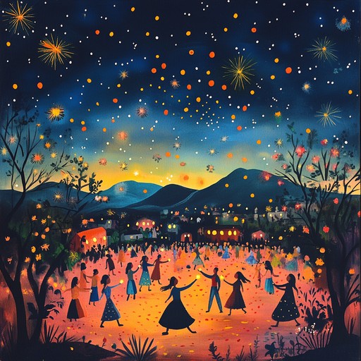 A lively instrumental folk rock song that invokes images of villagers celebrating under the evening sky with energetic strumming, rhythmic drumming, and jubilant melodies. The song captures the heart of communal dance with a touch of modern rock energy. Perfect for uplifting moods and lively gatherings.