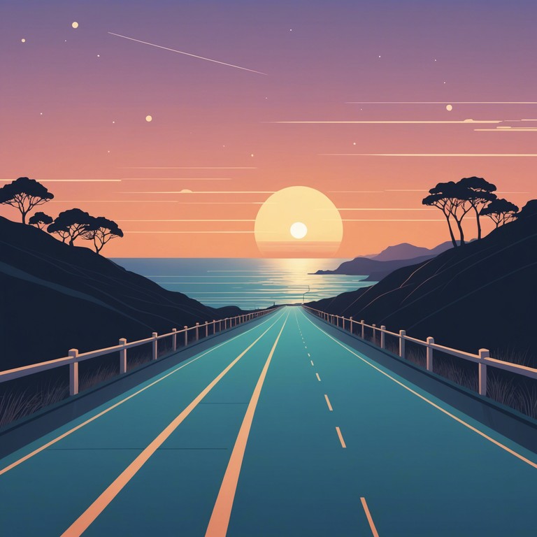 A scenic drive along a coastal road as the evening smoothly transitions into night, accompanied by the mellow sound of jazz that complements the peaceful drive.